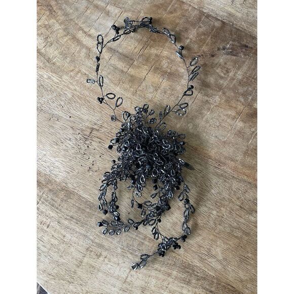 Handmade Black Beaded Necklace | Baroque Pearl Floral Bib | Gothic Wire Choker - Picture 4 of 5